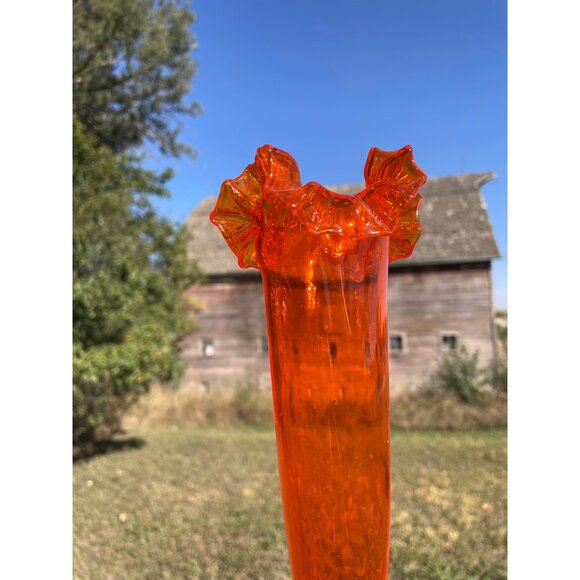 Vintage MCM Orange/Clear Ruffled Art Glass Pedestal Vase - Picture 7 of 10